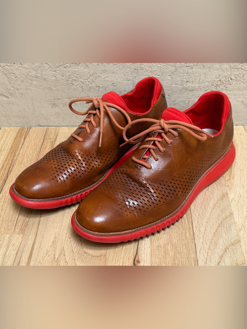 Cole Haan 2.ZERØGRAND Brown Leather Laser Wingtip Oxfords with Red Sole